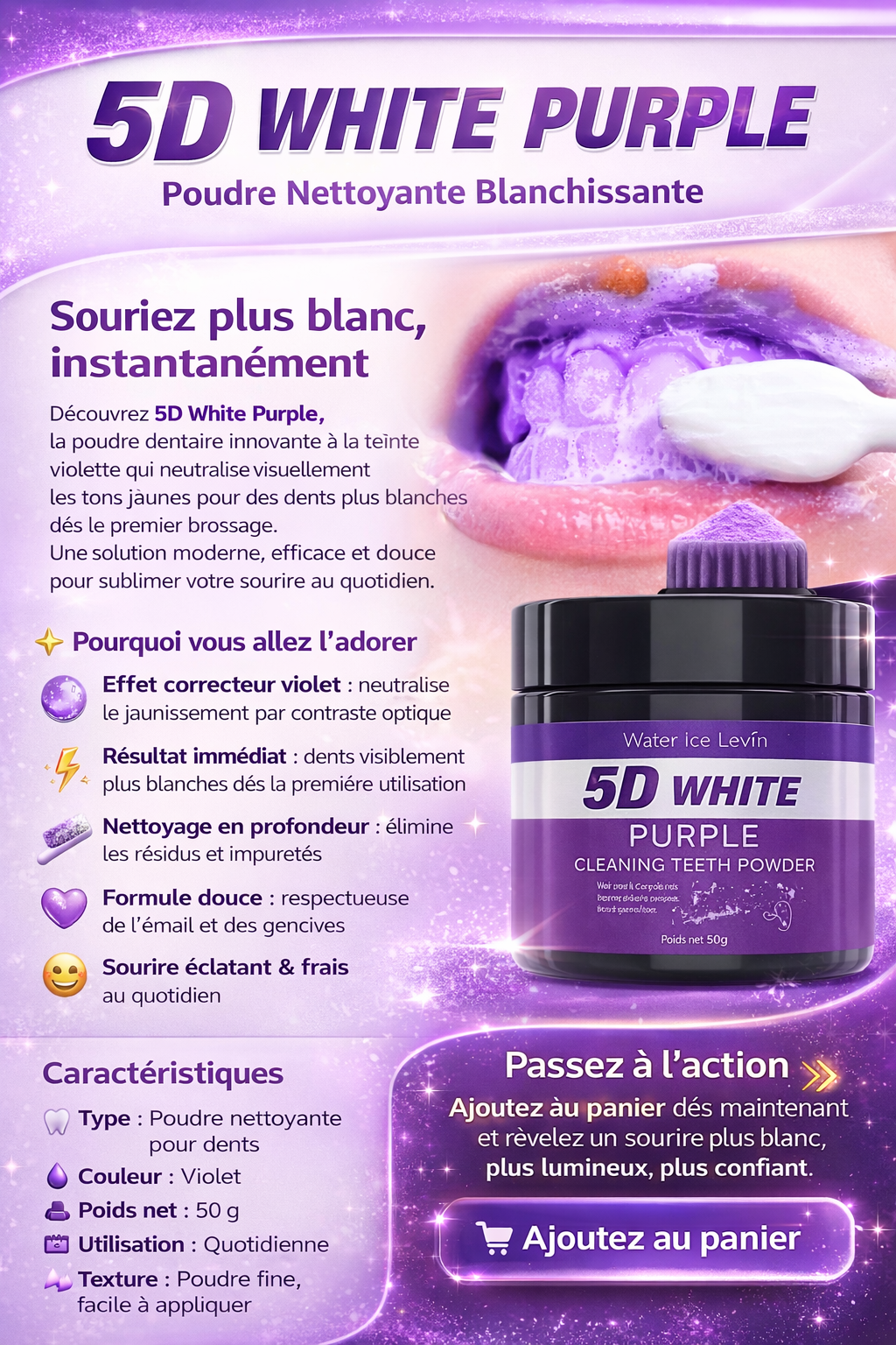 Poudre Blanchissante Dents Sans Sulfate - Blanchiment Naturel 5 Jours 50g