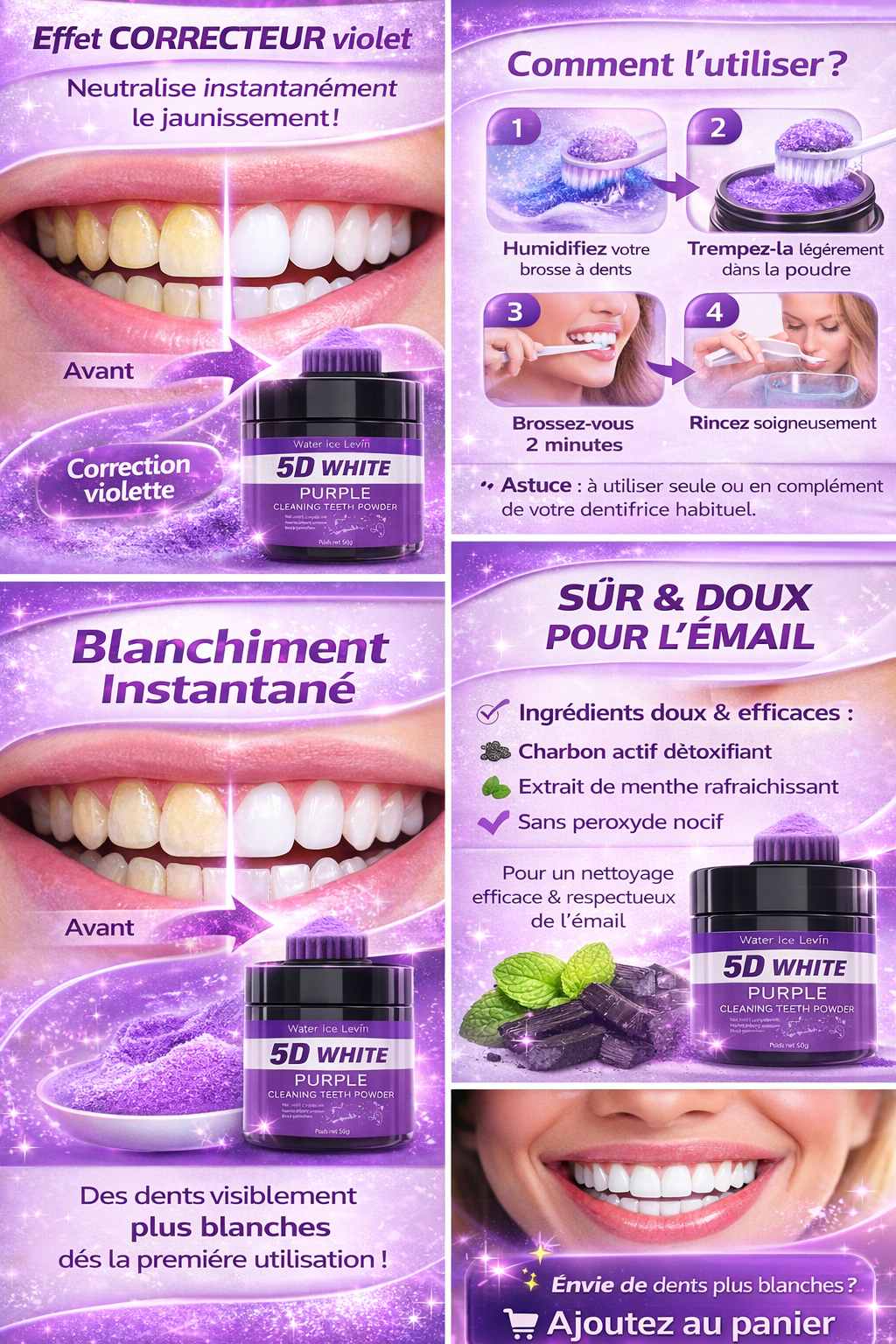 Poudre Blanchissante Dents Sans Sulfate - Blanchiment Naturel 5 Jours 50g