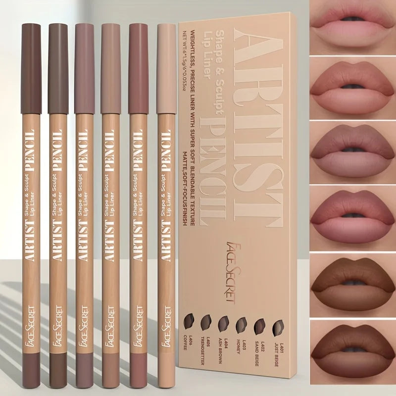 Set 6 Crayons Contour Lèvres Mat Velours - Longue Tenue Waterproof Nude