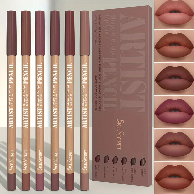 Set 6 Crayons Contour Lèvres Mat Velours - Longue Tenue Waterproof Nude