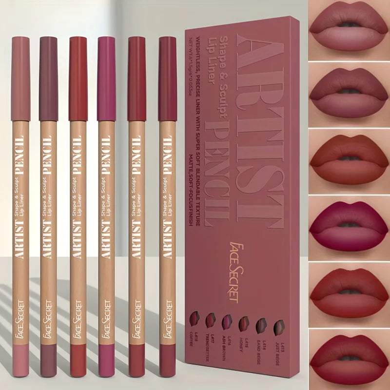 Set 6 Crayons Contour Lèvres Mat Velours - Longue Tenue Waterproof Nude